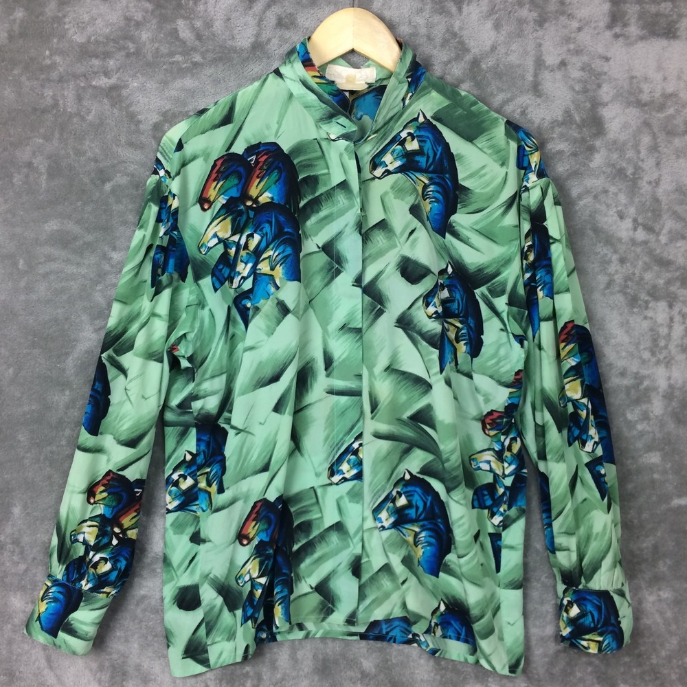 Vtg ESCADA Margaretha Ley Silk Blouse 38 Horse Polo Print Equestrian Green Chess
